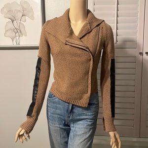 Like New! BCBG MAXAZRIA Asymmetrical Zip Sweater w/Faux Leather Sleeves